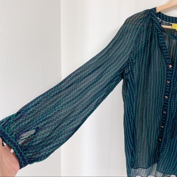 Anthropologie long sleeve green Neck Tie Chevron Tunic sheer abstract blouse top - Picture 3 of 6